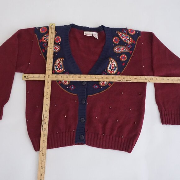 VTG Huntington Ridge Burgundy Paisley Beaded Embroidered Cardigan Prep Grandma M - Picture 3 of 10